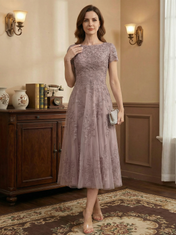 A-line Scoop Tea-Length Tulle Lace Mother of the Bride Dress