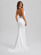 Elegant High-Neck Open-Back Satin Mermaid Wedding Dress with Sweep Train