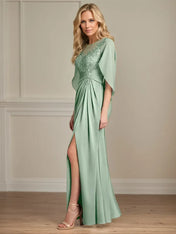 Sheath/Column Satin Scoop Neck Cap Sleeves Floor Length Mother Of The Bride Dresses