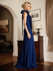 Royal Blue Sheath/Column Halter Neck Floor Length Mother of the Bride Dress With Bow