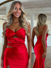 Dark Green Mermaid Spaghetti Straps Cutout Long Prom Dress with Slit