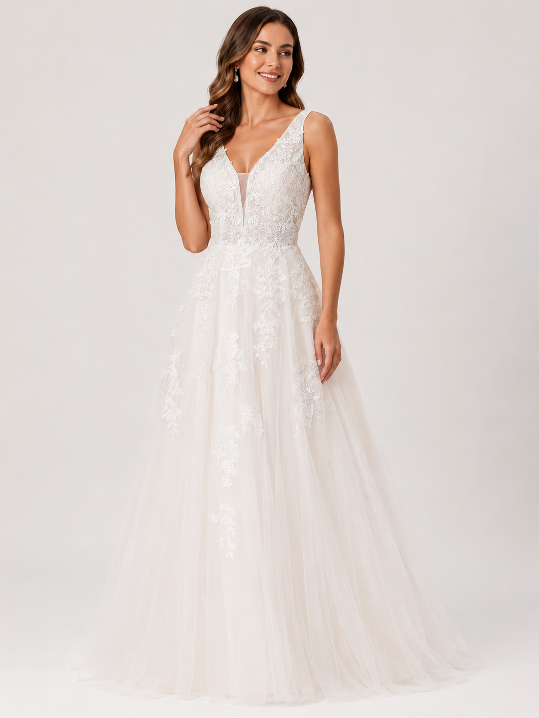 Elegant V-Neck Lace Applique Tulle A-Line Wedding Dress with Sweep Train