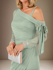 Sage Sheath/Column Chiffon One Shoulder Long Sleeves Floor Length Dress With Slit
