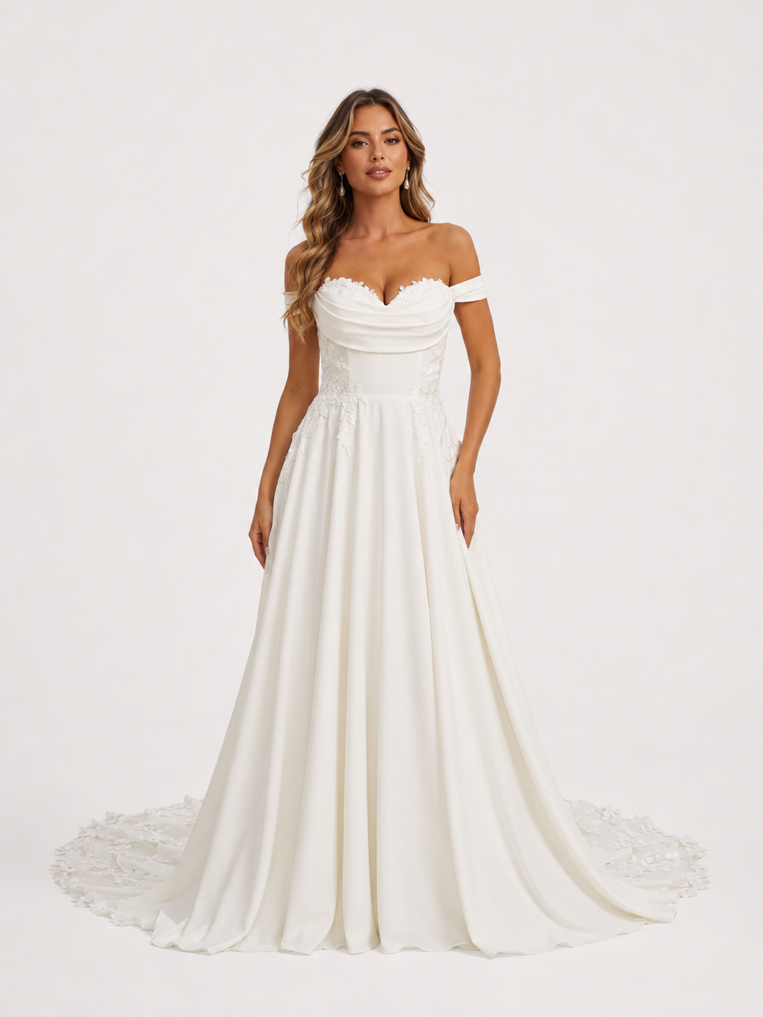 Elegant Off-the-Shoulder Draped Satin A-Line Wedding Dress with Chapel Train