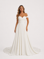 Elegant Off-the-Shoulder Draped Satin A-Line Wedding Dress with Chapel Train