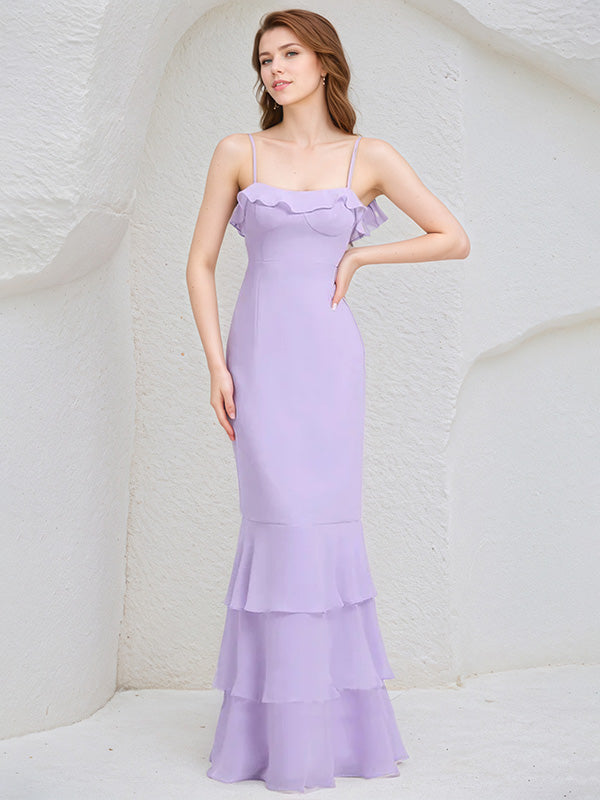 Lilac Chiffon Spaghetti Straps Sleeveless Floor Length Bridesmaid Dress With Cascading Ruffles