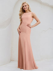 Dusty Rose Chiffon Trumpet/Mermaid Boat Neck Floor Length Bridesmaid Dress