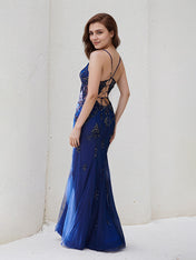 Navy Blue Tulle Trumpet/Mermaid Spaghetti Straps Sleeveless Floor Length Bridesmaid Dress