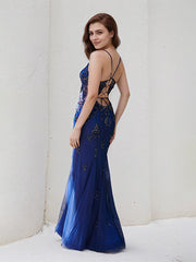 Navy Blue Tulle Trumpet/Mermaid Spaghetti Straps Sleeveless Floor Length Bridesmaid Dress
