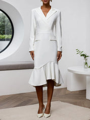 White Ruffled Shawl Collar Mermaid Midi Blazer Dress