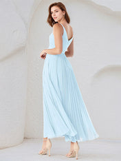 Sky Blue A-Line V Neck Floor-Length Chiffon Bridesmaid Dress