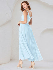 Sky Blue A-Line V Neck Floor-Length Chiffon Bridesmaid Dress