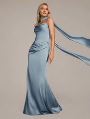 Dusty Blue Sheath/Column Satin Off The Shoulder Sleeveless Floor Length Dress