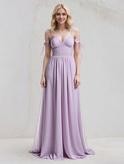 Lilac A Line Chiffon Spaghetti Straps Sleeveless Floor Length Dress With Bow