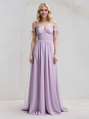 Lilac A Line Chiffon Spaghetti Straps Sleeveless Floor Length Dress With Bow