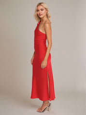 Red Satin Sheath/Column One Shoulder Sleeveless Ankle Length Bridesmaid Dress