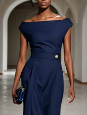 Purplish blue Buckle Classic Off The Shoulder Cap Sleeve Sheath Midi Dress