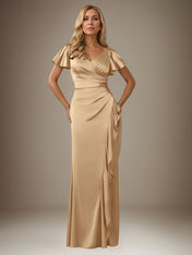Champagne Trumpet/Mermaid Satin V Neck Short Sleeves Floor Length Dress With Slit