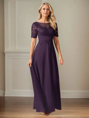 A Line Chiffon Scoop Neck Short Sleeves Floor Length Dress