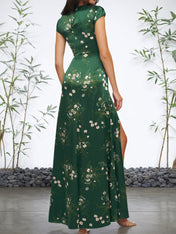 Green Floral Cap Sleeve Slit A Line Maxi Slit Dress
