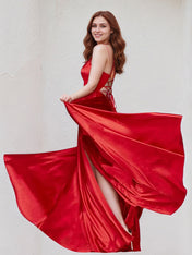 Red Satin A Line V Neck Sleeveless Floor Length Bridesmaid Dress