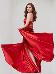 Red Satin A Line V Neck Sleeveless Floor Length Bridesmaid Dress