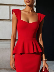 Red Peplum Square Neck Sleeveless Sheath Midi Dress