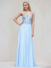 Sky Blue Satin Spaghetti Straps Sleeveless Floor Length Bridesmaid Dress With Beadings