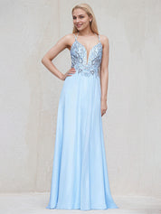 Sky Blue Satin Spaghetti Straps Sleeveless Floor Length Bridesmaid Dress With Beadings