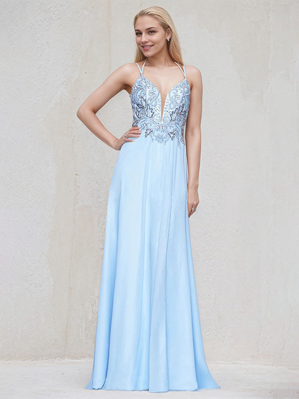 Sky Blue Satin Spaghetti Straps Sleeveless Floor Length Bridesmaid Dress With Beadings