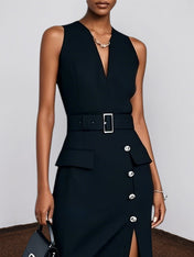 Black Buckle Slit Classic V Neck Sleeveless Sheath Midi Dress