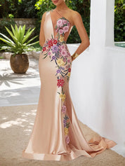 Champagne Applique Embroidery Hotfix Embellished One Shoulder Sleeveless Mermaid Gown Dress