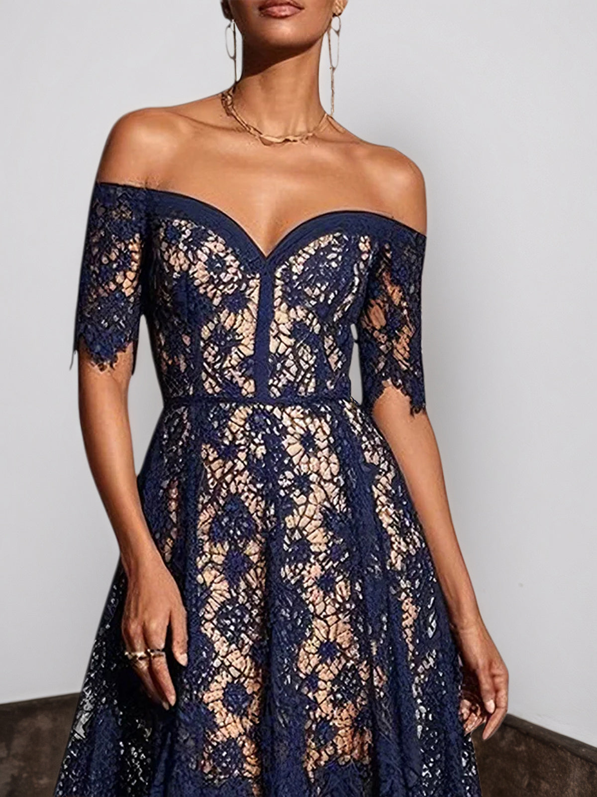 Purplish Blue Lace Off The Shoulder Short Sleeve A-Line Midi Dress