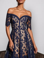 Purplish Blue Lace Off The Shoulder Short Sleeve A-Line Midi Dress
