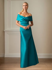 Teal Satin Sheath/Column Off The Shoulder Sleeveless Floor Length Mother of the Bride Dresses