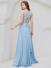 Sky Blue Chiffon A Line V Neck Sleeveless Floor Length Bridesmaid Dress