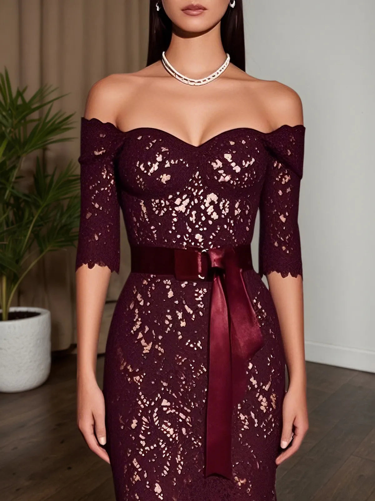 Wine Red Lace Off The Shoulder Half Sleeve Sheath Maxi Dress