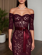 Wine Red Lace Off The Shoulder Half Sleeve Sheath Maxi Dress