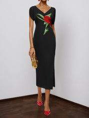 Black Floral Embroidered V Neck Sleeveless Slit Sheath Midi Dress