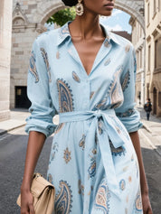 Light Blue Floral Paisley Cotton Shirt Dress Shirt Collar Long Sleeve A-Line Maxi Dress