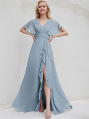 Dusty Blue Chiffon A Line V Neck Ruffle Sleeves Floor Length Bridesmaid Dress