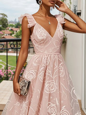 Light Pink Floral Ruffled Classic V Neck Sleeveless Ruffle Sleeve A-Line Midi Dress