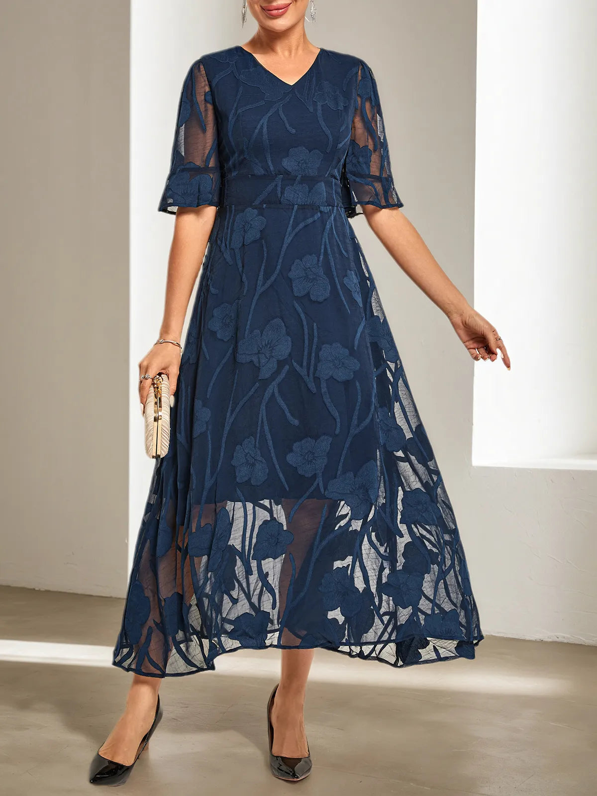 Purplish blue Lace V Neck Short Sleeve A-Line Midi Dress