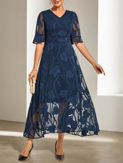 Purplish blue Lace V Neck Short Sleeve A-Line Midi Dress