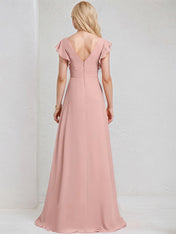 Dusty Rose Chiffon A Line V Neck Floor Length Bridesmaid Dress With Ruffles