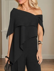 Black Chiffon Jumpsuits Asymmetrical Short Sleeves Floor Length Mother of the Bride Dresses