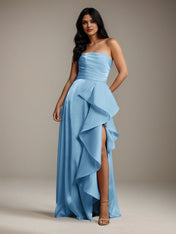 Mint Blue Satin A Line Off The Shoulder Sleeveless Floor Length Bridesmaid Dress With Ruffles