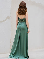Green A Line Satin Halter Neck Sleeveless Floor Length Dress
