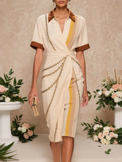 Apricot Wrap Dress Shirt Collar Short Sleeve Sheath Midi Dress