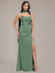 Eucalyptus Sheath/Column Spaghetti Straps Floor-Length Satin Bridesmaid Dress With Scarf